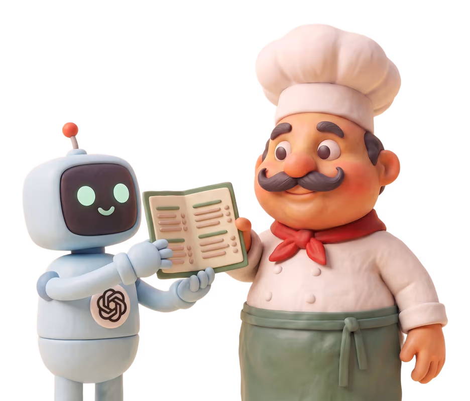 Giuseppe podaje gliniane menu robotowi z logo ChatGPT