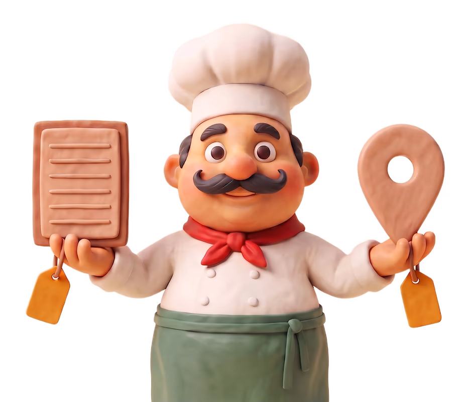 Giuseppe trzymający kartę menu i pinezkę Google Maps z tą samą ceną