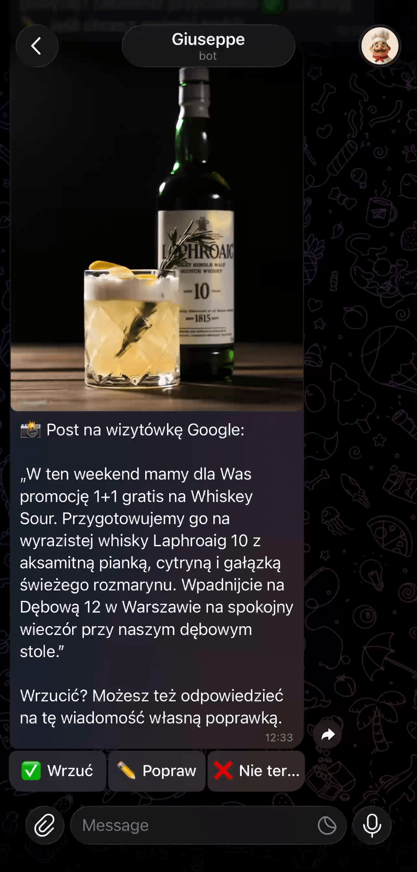 Zrzut ekranu: zdjęcie whiskey sour od właściciela i post na wizytówkę Google, który Giuseppe do niego napisał
