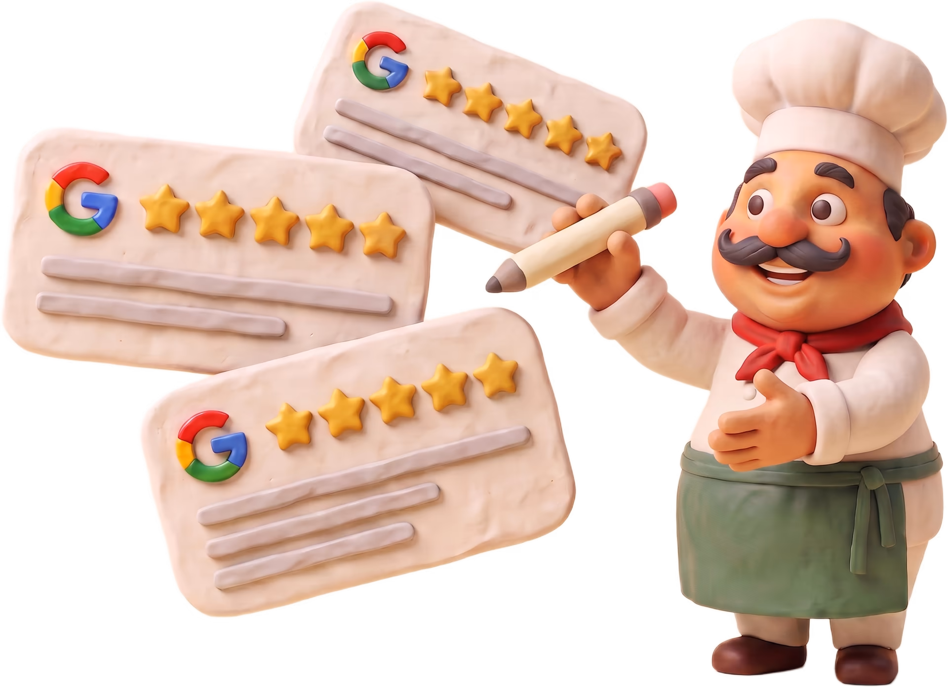 Giuseppe z ołówkiem w dłoni obok trzech glinianych opinii Google, każda z pięcioma gwiazdkami