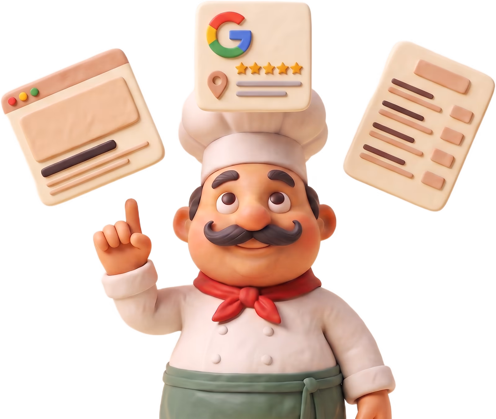 Giuseppe patrzy w górę i wskazuje palcem trzy gliniane obiekty unoszące się nad jego głową: stronę internetową, wizytówkę Google i menu z cenami