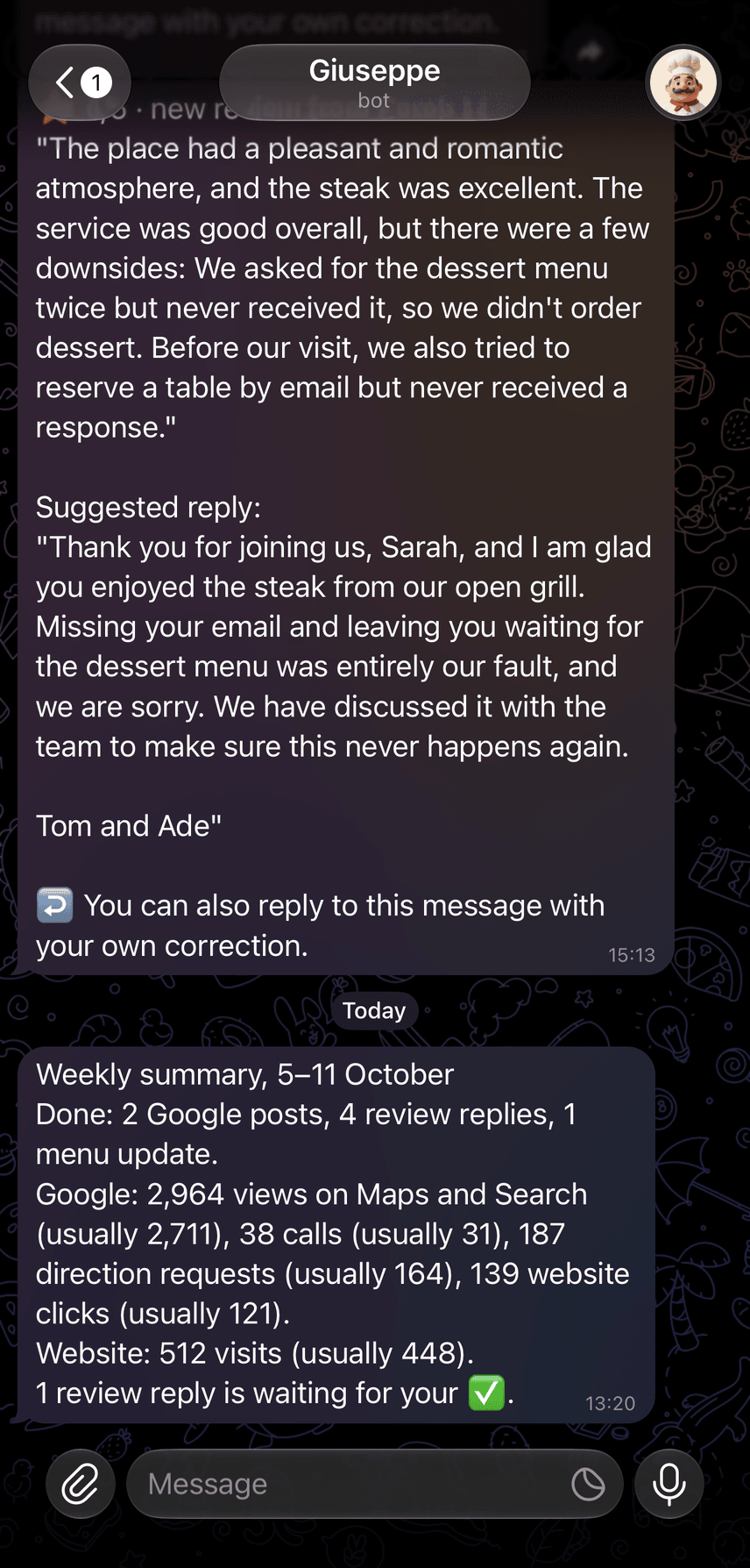 Screenshot: Giuseppe’s Monday summary of the week