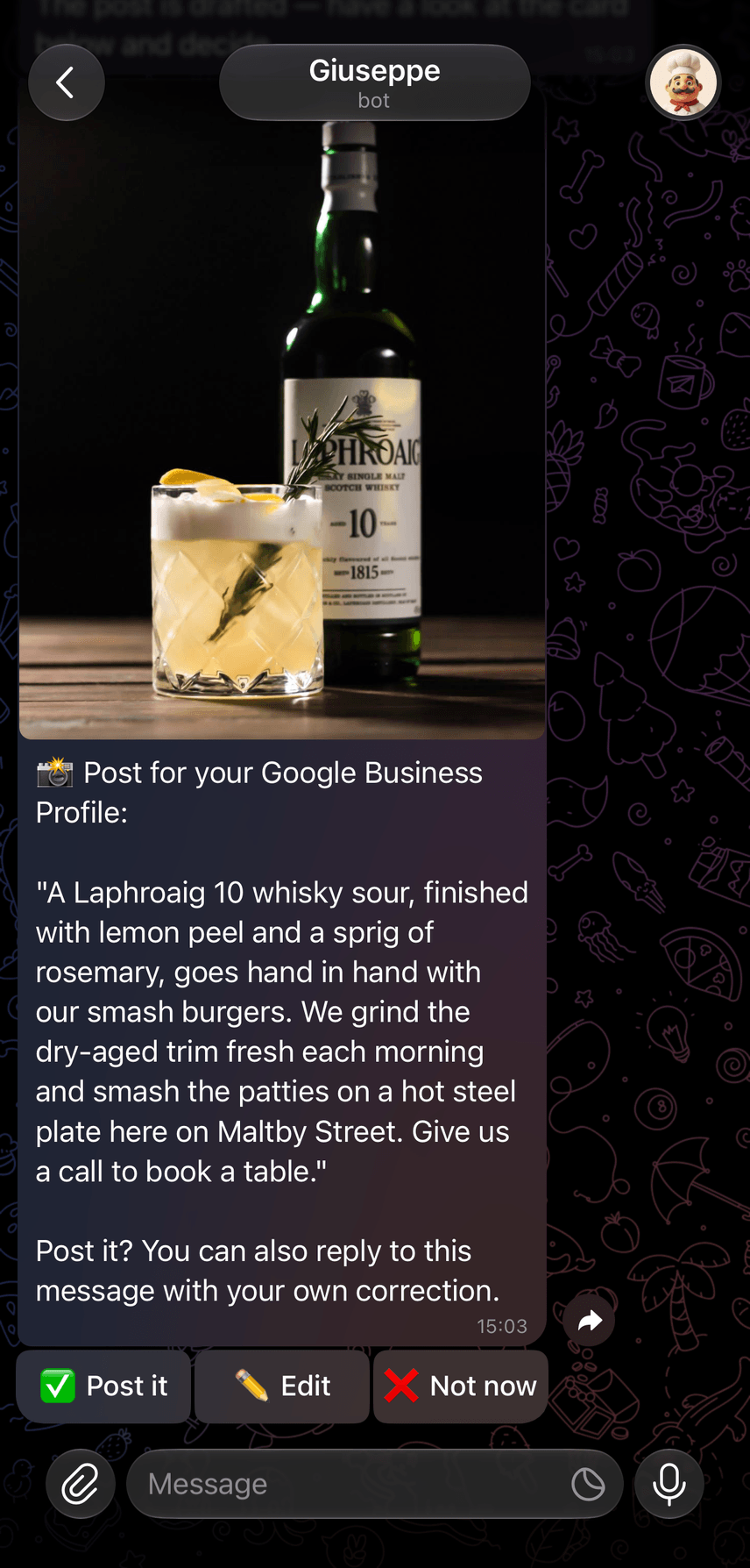 Screenshot: the owner’s photo of a whisky sour and the Google post Giuseppe wrote for it