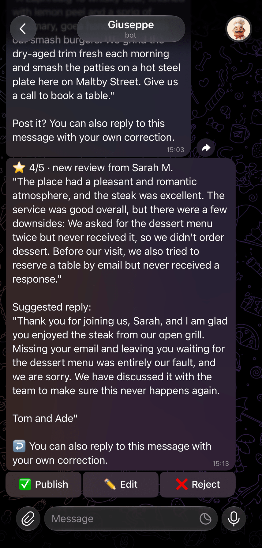 Screenshot: a Google review and the reply Giuseppe drafted for your approval